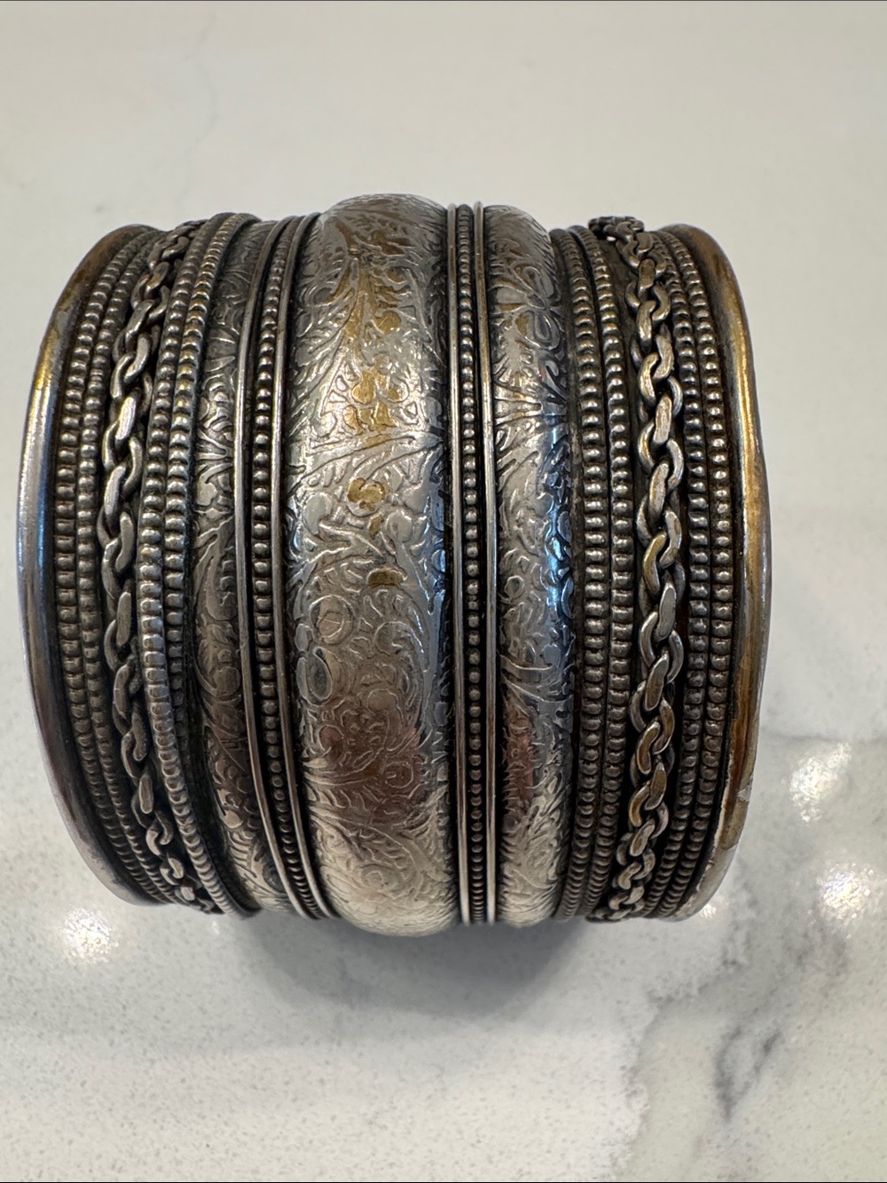 Stacked Engraved Silver-Tone Cuff Bracelet - Ornate Boho Style